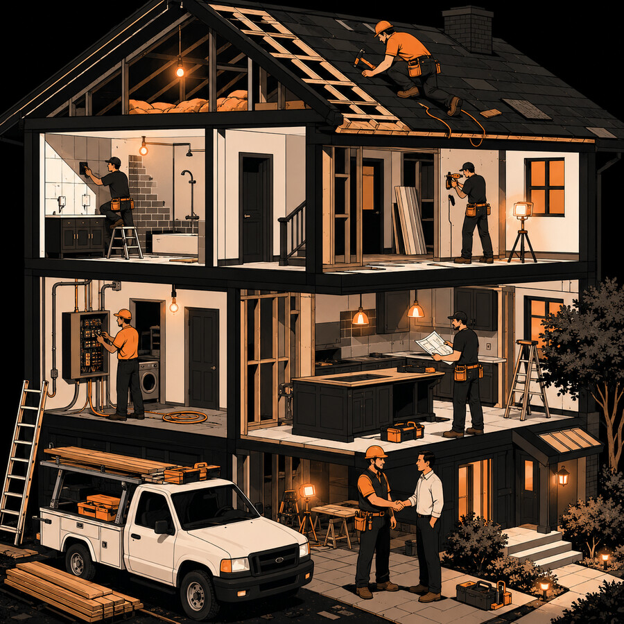 Cutaway illustration of a home renovation crew — roofer, electrician, and kitchen remodel in progress